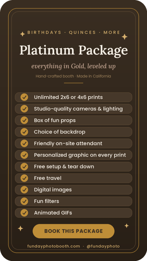 Promotional poster for a Platinum Package featuring gold text on brown background, listing benefits with checkmarks and a prominent 'Book This Package' CTA below edge.